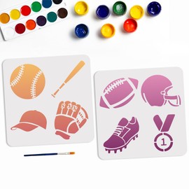 MAYJOYDIY 2pcs Baseball Rugby Stencil Sports Ball Stencils Baseball Bat Hat Shoe Glove Medal Template 11.8×11.8inch with Paint Brush Decor on Walls Fabric Furniture