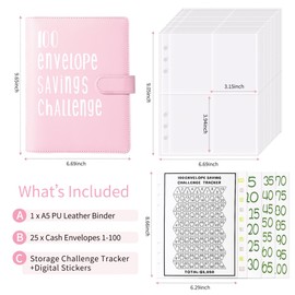 100 Envelope Challenge Binder | A5 Savings Binder with Cash Envelopes | Budget Binder for Planning and Saving $5050 with Magnetic Buckle (Pink)