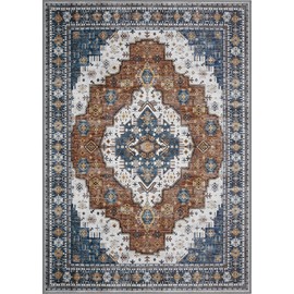 Washable Rug Living Room Rugs: 9x12 Area Rug Large Boho Medallion Distressed Carpets Indoor Soft Floor Anti Slip Carpet for Under Dining Table Bedroom Farmhouse Home Office - Blue/Orange Brown