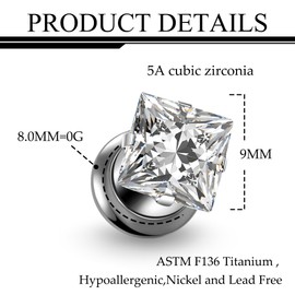 Ruifan Gauges For Ears ASTM F136 Titanium Square Clear CZ Single Flare Tapers Screw Tunnel Gauges Earrings Ear Expander Stretching Kit Plugs Piercing For Women Men 0G Silver