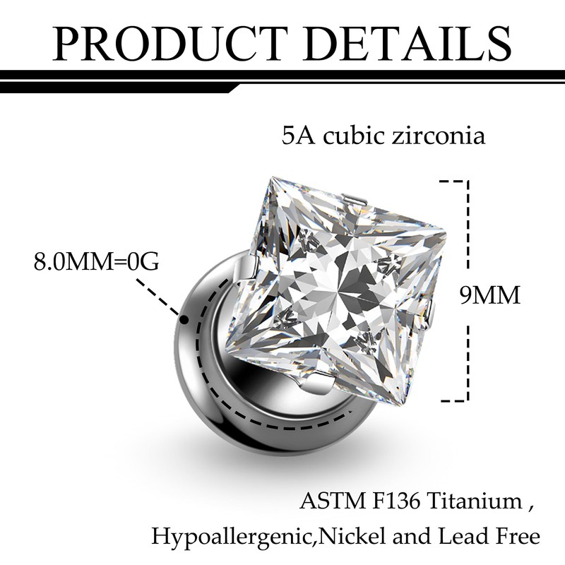 Ruifan Gauges For Ears ASTM F136 Titanium Square Clear CZ
