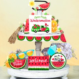 10 Pcs Summer Tiered Tray Decor Farmhouse Wood Tiered Tray Decor Lemon Watermelon Strawberry Sunflower Decor Kitchen Standing Sign Bead Garland Banner for Home Decor (Watermelon Theme)