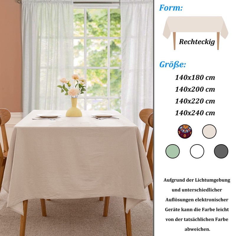 ATsense Tablecloth Beige Linen Look 100% Washed Cotton Square Tablecloth