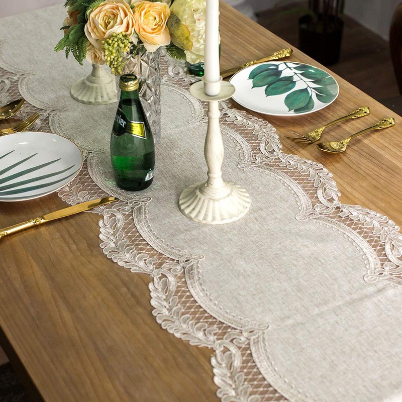 ARTABLE Lace Table Runner Rectangle Gray Cotton Linen Fabric Dresser