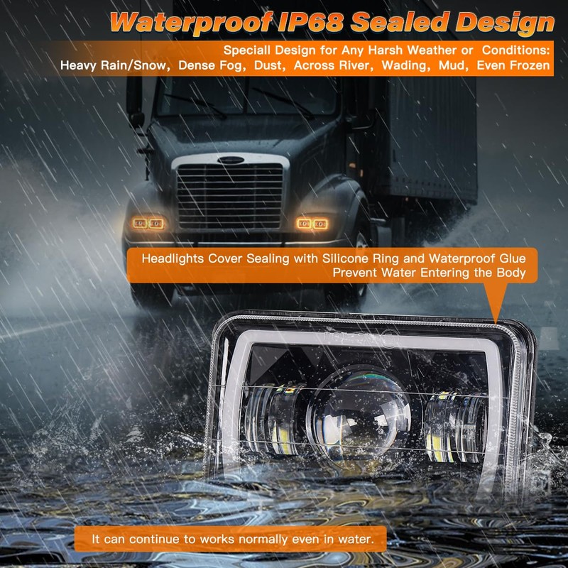 BAOLICY 4x6In LED Headlights DOT Approved 2PCS Hi/Low Beam White/Amber