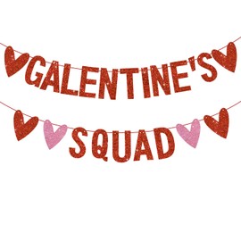 RICHHHA Galentine’s SQUAD Banner With Glitter Red Pink Hearts,NO DIY,Happy Galentine’s Day Garland Streamers,Girlfriends Valentine’s Day, Girl Ladies Party Decorations
