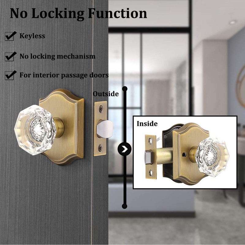 Gobrico Clear Glass Crystal Passage Door Knobs,Antique Brass Interior Crystal