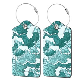 EOBKLAX 2 Pack Luggage Tag for Suitcase,Japanese Abstract Wave PU Leather Suitcase Tags Identifiers with Privacy Name Address Labels and Durable Steel Loop for Women Men Travel