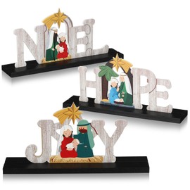 Cinnvoice 3 Pcs Christmas Nativity Scene Table Decorations Vintage Religious Joy Hope Noel Christmas Centerpiece Table Decor Rustic Nativity Table Signs with Wooden Base for Xmas Shelf Home Decor