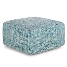 SIMPLIHOME Nate 20 Inch Boho Square Pouf in Patterned Teal Melange Cotton, For the Living Room, Bedroom and Kids Room