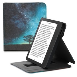kwmobile Cover Compatible with Tolino Vision 6 Case - Stand + Strap - Cosmic Nature Blue/Grey/Black