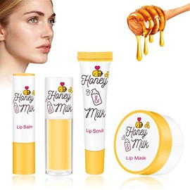 4 Piece Honey Milk Lip Mask Lip Balm Lip Scrub Lip Oil Lip Care Kit | Moisturizing & Nourishing Dry and Cracked Lips, Overnight Sleeping Lip Exfoliator Lip Moisturizer Lip Repair
