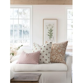 Crumbs Home Modern Farmhouse Fall Linen Indoor Outdoor Lumbar Pillow Cover Only, 12"x20" Water Repellent for Patio, Backyard, Couch, Dark Rose Neutral Embroidered Stripes