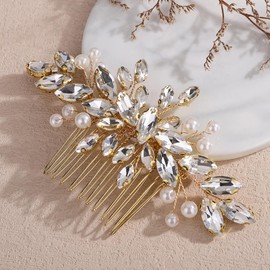 Rumtock Crystal Beads Pearl Hair Comb for Wedding Brides Women Gold Hair Piece Jewelry Women Special Occasion Headpiece (Gold)