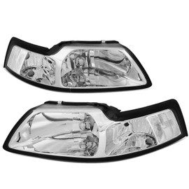 Auto Dynasty Factory Style Halogen Headlights Assembly Headlamp Kit Compatible with Ford Mustang 1999-2004 New Edge 4th Gen, Pair, Chrome Housing, Clear Lens