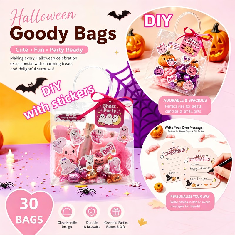 30 Pack PVC Halloween Goodie Bags,Clear Treat Bags with Tags
