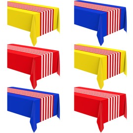 Oudain 6 Pcs Striped Tablecloth 108 x 54 Inch Disposable Plastic Table Cloth Waterproof Tablecloth Rectangle Table Cover for Birthday Wedding Bridal Party Supplies (Red White Blue Yellow)