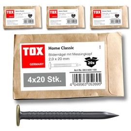 TOX Home Classic 063600100 Picture Nail Made of Hardened Steel with Brass Head in Recyclable Paper Packaging, Size 2.0 x 20 mm, Steel Nails for Pictures for Almost All Building Materials, 4 x 20