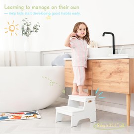 Forbena Wood Toddler Step Stool for Bathroom Sink, White Kids Toilet Step Stool for Potty Training, Small Child Baby Girl Boy 2 Stepping Stool with Handle for Kitchen Counter Nursery Bedroom Closet