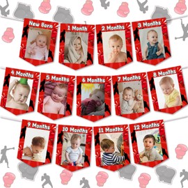 Boxing 1st Birthday Photo Banner for Boys Girls, Red Round One Banner for Baby from Newborn to 12 Months, Boxing Match Sport First Birthday Party Decorations