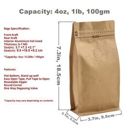 4 Ounce 50 Pieces High Barrier Kraft Paper Coffee Bags Stand Up/Flat Bottom Coffee Pouches with Air Release Valve and Reusable Pull Tab Side Zipper (50, 4oz/0.25lb/100gm)