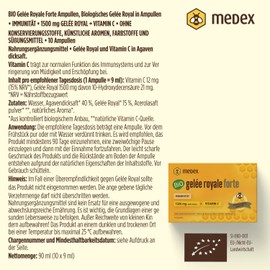 Medex Biologisches Gelée Royale FORTE, extra stark mit 1500 mg Gelée Royale, Flüssigkeit in Ampullen, leicht zu öffnen, mit natürlichem Vitamin C, aus biologischem Anbau 10 x 9 ml