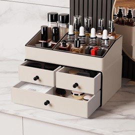 GORESE Leather Makeup Organizer with 3 Drawers for Vanity, Stackable Skincare Holder Dresser Organizer Countertop, Make Up Storage Organizers Counter Cosmetic Display Case Gifts for Women(Cream White)