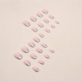 IMSOHOT Oval Press on Nails Short Silver Powder French Fake Nails Tips Nude Matte Glue on Nails Round Acrylic Full Cover False Nails with Glitter Designs Gel Stick on Nails for Women 24Pcs