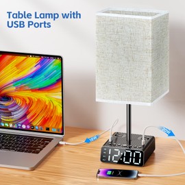 BTU Bedside Table lamp with Alarm Clock - 3 Color Temperatures Bedside Lamps with USB C and A Ports,Table Lamps with AC Outlet, Nightstand Lamps for Kids Room, Living Room, College Dorm, Home, Office