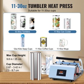 Happybuy Tumbler Heat Press Machine: 11-30oz Mug Press, Blue, Heats Up Fast & Evenly, Sublimation Tools Included.