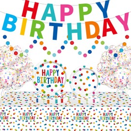 Colorful Birthday Party Supplies, Colorful Dots Birthday Tableware sets, Includes: Happy Birthday Plates ,Tablecloth, and Rainbow Dots Banner, Ballons Birthday Decorations for Boys and Girls