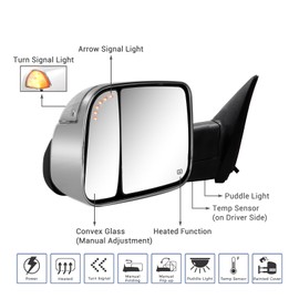 Towing Mirror for Dodge Ram - Compatible With 2009-2018 Dodge Ram 1500 2500 3500 Pickup Truck Power Adjusted Heated LED Turn Signal Light Puddle Lamp Temp Sensor (Chrome Back)