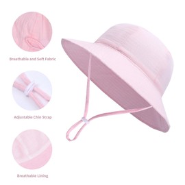 2 Pcs Baby Sun Hat Cotton Soft Bucket Hat Fishing Hats with Adjustable Bow Head Tie and Chin Strap for 0-24 Months Newborn Kids Girls Boys (Age 0-6 Months, Pink+White)