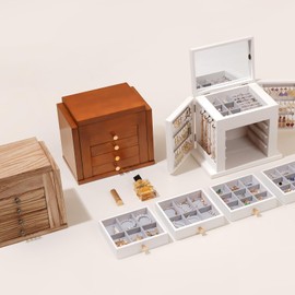 ProCase Large Jewelry Box, 5-Layer Wooden Jewelry Boxes for Women, Jewellery Holder Organizer Storage Case with Mirror for Earrings Bracelet Necklace for Dresser -White