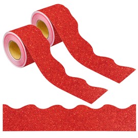 131 Ft Red Glitter Bulletin Board Borders Red Scalloped Bulletin Board Trims Shiny Decorative Border Trims Sparkle Self-Adhesive Bulletin Stickers for Classroom School Home Office Blackboard Desk
