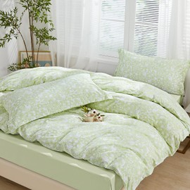 SAPHREAS Green Botanical Plants Duvet Cover 3pcs Soft Microfiber Full Size White Floral Animal Printed Pattern Green Comforter Set with Zipper Ties 1 Duvet Cover 2 Pillow Shams