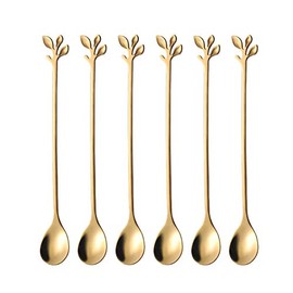 Long Handle Iced Tea Spoons Set of 6, Comicfs 7.6" Ice Cream Spoon, Creative Gold Leaf Cocktail Stirring Spoons, Premium Food Grade Stainless Steel, Mirror Finish & Dishwasher Safe (6 Pcs, Gold)