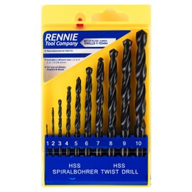 Rennie Tools 1-10mm HSS Jobber Drill Bit Set 10 Piece (PCS) / 1mm Increments For Wood, Plastic, Non-Ferrous Metals & Steels