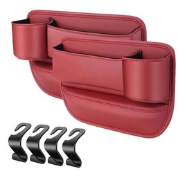 Car Leather Cup Holder Gap Bag for Mobile Phones Glasses Keys Cards Seat Gap Storage Box (2 Pack, Red)
