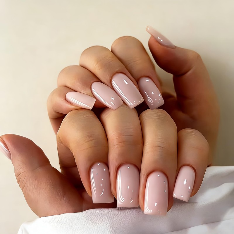 Uñas postizas cuadradas medianas en rosa empolvado, uñas postizas cortas