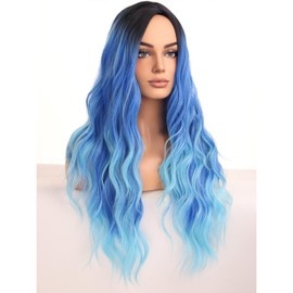 BERON Women's Blue Wigs Long Wavy Hair Wig for Girls Ombre Colored Curly Heat Resistant Synthetic Hair Wigs for Cosplay Party Daily or Used