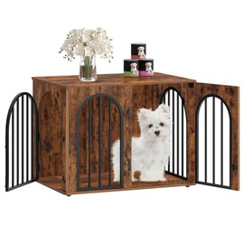 Hzuaneri 31.5'' Wooden Dog Crate Furniture TV Stand, Indoor Dog Kennel for Small/Medium Dogs, End Side Table Dog Crates, Anti-Chew, Anti-Escape, Arched Door Design, Rustic Brown DFC85101B