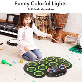 Electronic Drum Set, 9 Drum Pads, Roll up Electric Drum Set with Headphone Jack, Built-in Dual Speaker, Drum Stick, Foot Pedals, Best Gift for Christmas Holiday Birthday