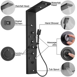 BWE Shower Panel Rainfall Waterfall with Handheld Shower Matte Black 6 IN 1 Stainless Steel Shower Tower Panel System Massage Body Jets with Tub Spout Water Temperature Display Wall Mount