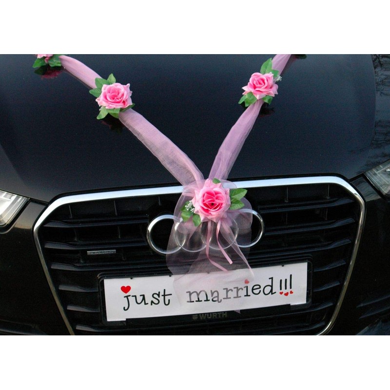 Autoschmuck Organza M garland with roses for bride and groom