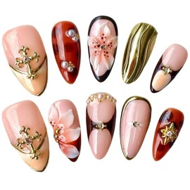 BByogooz Uñas Postizas Acrílicas Reutilizables Color Almendra Mediano, 10 Diseños Florales 3D Únicos, Cruces De Filigrana Dorada, Marrón Caramelo Y Flores De Durazno | Uñas Postizas Acrílicas Reutiliz