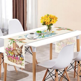SEAHUI Happy Easter Rabbit Table Runner Rabbit Flower Cross Table Cover Linen Tablecloth Decor for Easter Party Kitchen Room Home Dinning Table Decoration 180x35cm