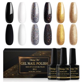 Shining She Semi-Permanent Nail Polish, 6 Colors Black Series, Glitter Black White Gray Gold Semi-Permanent Nail Polish, Soak Off UV/LED Lamp Polish for Beginners Nail Art DIY, 8ML