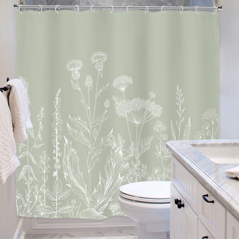 Riyidecor Sage Green Floral Wildflower Shower Curtain for Bathroom Decor
