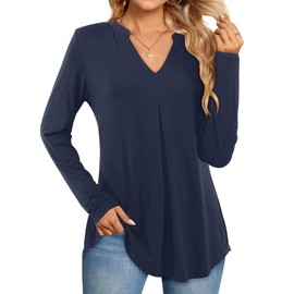 Beluring Womens Blouse Long Sleeve Tshirts Casual V Neck Tunic Tops, Navy Blue Size 12 14